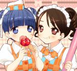  :t blue_eyes blue_hair blush brown_eyes brown_hair copyright_request double_bun drill_hair eating food food_on_face hat maid_headdress mucha multiple_girls open_mouth piyodera_mucha twin_drills 