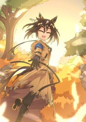  1girl absurdres animal_ears black_gloves black_hair black_pants brown_hair closed_eyes coat commentary ear_covers english_commentary facing_viewer gloves goggles goggles_around_neck hair_between_eyes highres horse_ears horse_girl horse_tail long_hair multicolored_hair open_mouth orange_sky outdoors pants reaching reaching_towards_viewer scalizo shirt sky smile solo stay_gold_(sunlit_outsider)_(umamusume) stay_gold_(umamusume) sunset tail teeth torn_clothes torn_coat tree umamusume upper_teeth_only white_hair white_shirt wrist_belt yellow_coat 