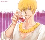  1boy blonde_hair casual cup drawr fate/zero fate_(series) gilgamesh jewelry kanapy necklace red_eyes short_hair solo v-neck wine wine_glass 