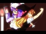  arm_up bag blonde_hair blurry book candle capelet depth_of_field failure frown glasses gradient gradient_background haruhi0816 hat hat_ribbon kirisame_marisa letterboxed long_hair long_sleeves looking_at_another motion_lines multiple_girls open_mouth patchouli_knowledge profile purple_eyes purple_hair ribbon short_sleeves skirt sweatdrop teeth touhou vest violet_eyes witch witch_hat yellow_eyes 