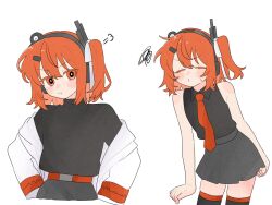  a.i._voice adachi_rei alternate_costume black_shirt closed_eyes commentary_request grey_skirt highres jacket komori_kamome long_sleeves looking_at_viewer medium_hair miniskirt multiple_views necktie open_clothes open_jacket orange_eyes orange_hair orange_necktie puff_of_air shirt simple_background skirt sleeveless sleeveless_shirt squiggle thigh-highs utau white_background white_jacket 