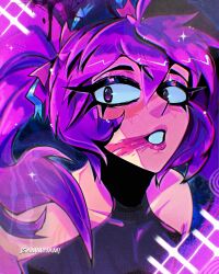  1boy black_eyeliner black_shirt blue_eyes eyeliner hair_between_eyes highres lips lipstick long_hair makeup male_focus original pink_lips purple_hair sammy_jam shirt sleeveless sleeveless_shirt smeared_lipstick solo trap turtleneck twintails twitter_username woomi_(sammy_jam) 