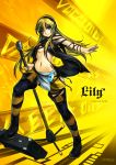  blonde_hair blue_eyes boots breasts hairband highres kote_(tures) lily_(vocaloid) long_hair microphone microphone_stand midriff navel solo thigh-highs thigh_boots thighhighs under_boob underboob very_long_hair vocaloid yellow 