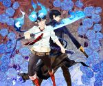  ao_no_exorcist beepaint black_hair blue_eyes blue_fire blue_rose boots brothers fire flower glasses glowing glowing_eyes gun katana long_coat multiple_boys necktie okumura_rin okumura_yukio pointy_ears rose sheath short_hair siblings striped striped_necktie sword tail trench_coat weapon 