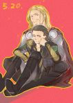  avengers black_hair blonde_hair blue_eyes boots cape facial_hair green_eyes height_difference highres loki_(marvel) marvel size_difference stubble thor_(marvel) yway1101 