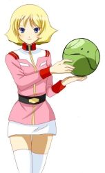  1girl alternate_legwear bad_link belt black_belt blonde_hair blue_eyes breasts collared_dress dress gundam haro holding_robot jacket looking_at_viewer machinosuke military military_uniform mobile_suit_gundam pink_dress pink_jacket sayla_mass short_dress simple_background small_breasts smile solo thigh-highs third-party_edit third-party_source white_background white_thighhighs zettai_ryouiki 