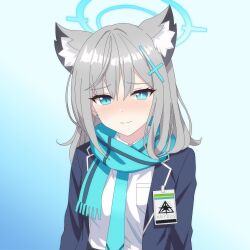  1girl abydos_high_school_logo animal_ear_fluff animal_ears aqua_scarf blue_archive blue_eyes blue_halo blush closed_mouth cross_hair_ornament extra_ears grey_hair hair_between_eyes hair_ornament halo id_card jacket looking_at_viewer medium_hair miraa_(mirroa1015) mismatched_pupils scarf shiroko_(blue_archive) shirt simple_background solo upper_body white_shirt wolf_ears wolf_girl 
