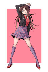  1girl arm_up black_choker border breasts bright_pupils brown_hair choker commentary full_body green_eyes hat high_heels highres large_breasts long_hair low_twintails makinami_mari_illustrious neon_genesis_evangelion outside_border pumps purple_hat purple_skirt purple_socks rebuild_of_evangelion red-framed_eyewear red_background red_shirt red_shoes sashimi_(sasihmi) shirt shoes skirt smile socks solo twintails white_border white_pupils 