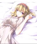  alice_margatroid awa_yume blonde_hair hairband highres looking_at_viewer lying nightgown on_back on_bed pillow purple_eyes short_hair solo touhou violet_eyes 