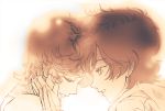  1girl audrey_burne baku_(pixiv6973) banagher_links forehead-to-forehead forehead_to_forehead gundam gundam_unicorn monochrome short_hair 