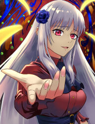  1girl ascot black_ascot collared_shirt fate/strange_fake fate_(series) flower hair_flower hair_ornament hand_up highres long_hair long_sleeves looking_at_viewer mocu_(daiydaaa) offering_hand open_mouth philia_(fate) purple_flower purple_rose red_eyes red_shirt revision rose shirt shirt_tucked_in smile solo upper_body white_hair 