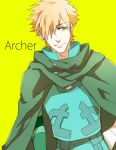  archer_(fate/extra) cape character_name cloak fate/extra fate_(series) green_eyes hair_over_one_eye male orange_hair short_hair simple_background solo sukumaraku yellow_background 