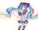  aqua_hair bad_id closed_eyes detached_sleeves edward-el eyes_closed floating_hair hands_on_headphones hatsune_miku headphones headset long_hair musical_note necktie open_mouth singing skirt solo thigh-highs thighhighs twintails very_long_hair vocaloid 