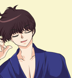  1boy brown_hair closed_eyes collarbone commentary_request highres kunou_tatewaki open_mouth pectoral_cleavage pectorals ranma_1/2 short_hair smile solo yellow_background yodare 