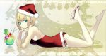  absurdres bare_shoulders barefoot blonde_hair chin_rest dress erect_nipples feet green_eyes hat heavy_object high_heels highres looking_at_viewer lying milinda_brantini minidress nagi_ryou on_stomach open_shoes panties parted_lips red_dress red_panties santa_costume santa_hat shoes short_hair side-tie_panties single_shoe solo strapless_dress underwear 
