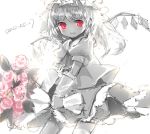  bouquet dated flandre_scarlet flower hat long_hair monochrome open_mouth red_eyes sevten_(ashkeroth) side_ponytail solo spot_color touhou wings 