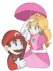  1boy 1girl arms_at_sides bbik_gam3 blonde_hair blue_eyes blue_overalls blush brooch brown_hair buttons clothes_writing commentary_request crown dress earrings elbow_gloves facial_hair gloves gold_crown gown hat holding holding_umbrella jewelry korean_commentary large_nose leg_up long_hair long_sleeves looking_at_viewer mario mustache newsboy_cap overalls pink_dress pink_lips pink_umbrella pointed_crown princess_peach rain red_hat red_shirt shirt shoes short_hair smile solo sphere_earrings super_mario_bros. umbrella warp_pipe water_drop white_background white_gloves 