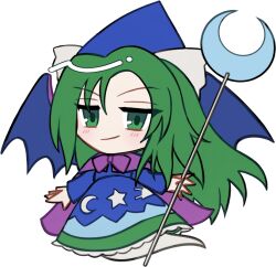  1girl blue_dress blue_hat blue_wings blush bow cape chibi chibi_only closed_mouth crescent dress frilled_dress frills full_body ghost_tail green_eyes green_hair hair_between_eyes hair_bow hat holding holding_staff long_hair long_sleeves looking_at_viewer mima_(touhou) mirei_(miirei) purple_cape simple_background smile solo staff touhou touhou_(pc-98) transparent_background white_bow wings wizard_hat 