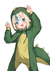  1girl :d absurdres alternate_costume animal_hood arms_up blonde_hair blue_eyes blue_streaks blunt_bangs blush claw_pose commentary cowboy_shot dinosaur dinosaur_costume dinosaur_tail dot_nose drawstring english_commentary fang flat_chest g_da head_tilt highres hood hood_up indie_virtual_youtuber long_sleeves looking_at_viewer medium_hair multi-source_commentary multicolored_hair onesie open_mouth sameko_saba sidelocks simple_background skin_fang smile solo spiked_tail standing streaked_hair tail thick_tail v-shaped_eyebrows virtual_youtuber white_background white_streaks 