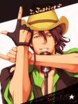  bracelet brown_eyes brown_hair cowboy facial_hair fingerless_gloves gloves hat jewelry kaburagi_t_kotetsu male microphone microphone_stand pointing short_hair solo stubble tiger_&amp;_bunny tsukamushippo vest western 