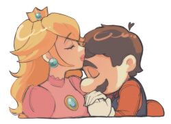 1boy 1girl bbik_gam3 blonde_hair blue_eyes blue_overalls blush brooch brown_hair buttons closed_eyes commentary_request crown dress earrings elbow_gloves facial_hair gloves gold_crown gown hat hetero jewelry kiss kissing_forehead korean_commentary large_nose leg_up long_hair long_sleeves looking_at_viewer mario mustache newsboy_cap overalls pink_dress pink_lips pointed_crown princess_peach red_hat red_shirt shirt shoes short_hair simple_background smile solo sphere_earrings super_mario_bros. unworn_hat unworn_headwear white_background white_gloves