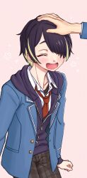  1boy 1other 5g5kcal ambiguous_gender blazer blonde_streaks blue_jacket blush closed_eyes cowboy_shot ensemble_stars! grey_pants hair_over_one_eye happy happy_aura headpat highres hood hood_down jacket jacket_under_jacket male_focus multicolored_hair necktie open_clothes open_collar open_jacket open_mouth pants partially_unzipped pink_background plaid_clothes plaid_pants purple_hair purple_jacket red_necktie school_uniform sengoku_shinobu short_hair simple_background smile solo_focus streaked_hair teeth undershirt_peek yumenosaki_school_uniform 