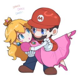  1boy 1girl bbik_gam3 blonde_hair blue_eyes blue_overalls brooch brown_hair brown_shoes buttons commentary_request crown dancing dress earrings elbow_gloves facial_hair gloves gold_crown gown hat holding holding_hands jewelry korean_commentary large_nose leg_up long_hair long_sleeves looking_at_another looking_at_viewer mario mustache newsboy_cap overalls pink_dress pink_lips pointed_crown princess_peach red_hat red_shirt shirt shoes short_hair simple_background smile solo sphere_earrings super_mario_bros. white_background white_gloves 