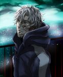  bad_id fate/zero fate_(series) grey_hair hoodie male matou_kariya railing scar solo sumakaita white_hair 