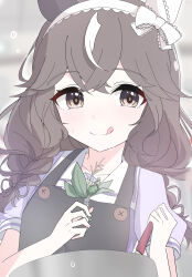  1girl absurdres animal_ears apron arnolddayo black_apron blush bow bowtie braid braided_sidelocks breasts brown_hair closed_mouth curren_bouquetd'or_(umamusume) ear_covers grey_eyes hair_between_eyes hair_ornament hairband highres holding horse_ears horse_girl long_hair looking_at_viewer low_twin_braids mismatched_ear_covers mixing_bowl multicolored_hair puffy_short_sleeves puffy_sleeves purple_bow purple_bowtie purple_shirt sailor_collar sailor_shirt school_uniform shirt short_sleeves sidelocks smile solo streaked_hair sweat tongue tongue_out tracen_school_uniform twin_braids umamusume whisk white_sailor_collar white_streaks 