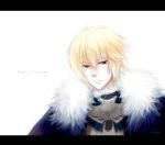  armor blonde_hair cape daucus fate/prototype fate_(series) fur_trim green_eyes letterboxed male saber_(fate/prototype) short_hair solo title_drop 