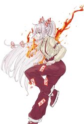  1girl absurdres blunt_bangs bow buttons collared_shirt commentary fire footwear_bow fujiwara_no_mokou hair_bow hand_on_own_leg highres kashiwada_kiiho leg_up long_hair multiple_hair_bows ofuda open_mouth pants profile red_bow red_eyes red_pants red_shoes shirt shoes sideways_mouth signature simple_background sleeve_garter solo suspender_pants touhou two-tone_bow very_long_hair white_background white_bow white_hair white_shirt 