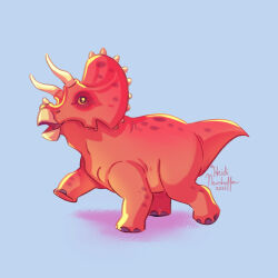  absurdres animal_focus colored_skin dinosaur grey_background highres horns neunhofferart no_humans open_mouth original pink_skin signature simple_background solo triceratops 