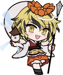  1girl :d animal_print apron bishamonten's_pagoda black_shoes black_streaks blonde_hair blush chibi chibi_only dress frilled_apron frills full_body hair_between_eyes holding holding_polearm holding_weapon long_sleeves looking_at_viewer mirei_(miirei) multicolored_hair open_mouth polearm print_apron red_dress shoes short_hair simple_background smile solo spear standing streaked_hair teeth tiger_print toramaru_shou touhou transparent_background upper_teeth_only weapon wide_sleeves yellow_apron yellow_eyes 