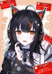  1girl absurdres ahoge animal_ear_headphones animal_ears bare_shoulders black_choker black_hair cat_ear_headphones cat_ears choker commentary_request eyeball_hair_ornament fake_animal_ears headphones highres livestream looking_at_viewer mahou_shoujo_no_majo_saiban multicolored_hair off-shoulder_sweater off_shoulder open_mouth orange_eyes orange_nails orange_streaks sawatari_coco sharp_teeth short_hair solo streaked_hair sweatdrop sweater t4on_(t4ontil1zm) teeth 