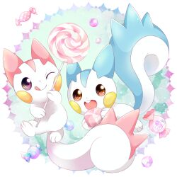  alternate_color brown_eyes candy candy_wrapper commentary_request food licking_lips lollipop no_humans one_eye_closed open_mouth pachirisu peppermint pink_eyes pokemon pokemon_(creature) pokemon_focus shiny_and_normal shiny_pokemon smile squirrel squirrel_417 tongue tongue_out 