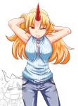  adjusting_hair armpits arms_behind_head blonde_hair breasts casual chibi chibi_inset contemporary horn hoshiguma_yuugi ibuki_suika large_breasts long_hair mouth_hold pants red_eyes ribbed_sweater sleeveless sleeveless_turtleneck solo star_drop sweater touhou turtleneck wink 