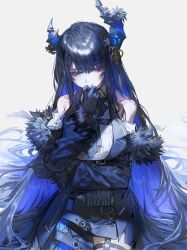  1girl arm_under_breasts asymmetrical_horns black_fur black_gloves black_hair blue_hair colored_inner_hair commentary cowboy_shot demon_horns flower gloves hair_ornament hand_to_own_mouth highres hololive horn_flower horns jewelry long_hair mole mole_under_eye multicolored_hair nerissa_ravencroft nerissa_ravencroft_(1st_costume) parted_lips pink_eyes quasarcake ring simple_background solo tassel tassel_hair_ornament uneven_horns untranslatable_commentary very_long_hair virtual_youtuber white_background 