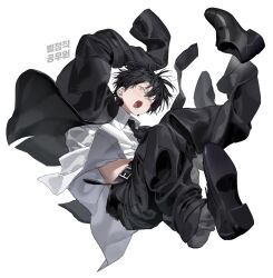  1boy age_regression aged_down belt black_belt black_hair black_jacket black_necktie black_pants black_shoes black_socks black_suit blush chamuring child commentary copyright_logo dress_shirt dress_shoes fangs full_body han_maru highres jacket logo male_focus midair necktie official_art one_eye_closed open_mouth oversized_clothes pants saliva shirt shoes short_hair simple_background socks solo special_civil_servant suit suit_jacket suit_pants tongue tongue_out untranslatable_commentary white_background white_shirt 