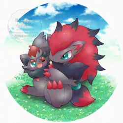  1other absurdres aqua_eyes black_hair blush claws commentary_request evolutionary_line fang flower furry grass highres long_hair multicolored_hair pokemon pokemon_(creature) red_hair sitting smile tsukasa_pika two-tone_hair very_long_hair zoroark zorua 