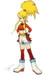  aero aero_(inafune_keiji) blonde_hair boots capcom character_request concept_art crop_top female footwear gloves green_eyes hands_on_hips inafune_keiji kneehighs lilly long_hair midriff official_art parted_lips payot red_legwear rockman rockman_dash rockman_dash_3 shorts smile socks solo topknot 
