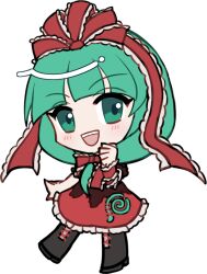  1girl :d arm_ribbon black_boots blunt_bangs blush boots chibi chibi_only dress frilled_dress frilled_ribbon frills front_ponytail full_body green_eyes green_hair hair_ribbon hand_up kagiyama_hina lace-up_boots long_hair looking_at_viewer mirei_(miirei) open_mouth red_dress red_ribbon ribbon simple_background smile solo standing standing_on_one_leg teeth touhou transparent_background upper_teeth_only 