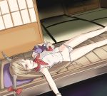  bare_legs blonde_hair closed_eyes eyes_closed gourd horn_ribbon horns ibuki_suika lying miyo_(ranthath) navel no_pants on_back open_door open_mouth outstretched_arm panties pillow porch ribbon sakazuki side-tie_panties sleeping sleeveless sleeveless_shirt solo tatami touhou underwear untied veranda white_panties wrist_cuffs wrist_ribbon 