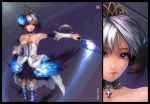  armor armored_dress bare_shoulders blue_eyes crown dress greaves gwendolyn inset odin_sphere polearm realistic short_hair solo spear weapon white_hair zhaoyebai 