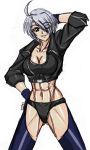  abs ahoge angel_(kof) arm_up black_panties bolero breasts chaps cleavage cropped_jacket fingerless_gloves gloves hair_over_one_eye hand_on_hip hips king_of_fighters large_breasts panties short_hair silver_hair snk solo taroimo_(00120014) underwear wink 