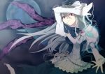  breasts capelet chain chains dress gradient_hair green_hair grey_hair hat highres impossible_clothes impossible_dress katayama_kei long_hair mima moon multicolored_hair red_eyes solo touhou touhou_(pc-98) wings wizard_hat 