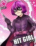  belt belt_pouch black_eyes cape card character_name cinderella_girls_card_parody flower hit-girl idolmaster idolmaster_cinderella_girls kick-ass knife mask parody plaid plaid_skirt purple_hair saitou_yahu short_hair skirt solo star superhero 