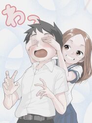  1boy 1girl absurdres belt black_hair black_pants blue_skirt brown_eyes brown_hair clenched_teeth commentary_request covering_another's_eyes grey_belt grin hatomugi_(user_datj4345) highres karakai_jouzu_no_takagi-san medium_hair nishikata pants pleated_skirt revision school_uniform serafuku shirt short_hair skirt smile takagi-san teeth white_shirt 