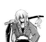  blade blood choker collarbone glasses katana long_hair long_sleeves lowres male monochrome morichika_rinnosuke solo sword touhou weapon yamoto 