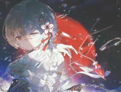  1girl arcaea bare_shoulders blonde_hair broken_glass chain detached_sleeves dress expressionless flower glass glass_shards gold_chain hair_between_eyes hair_flower hair_ornament hair_ribbon heterochromia highres long_sleeves multicolored_hair red_eyes ribbon short_hair si1chan solo two-tone_hair vita_(arcaea) vita_(wanderer)_(arcaea) white_dress white_eyes white_hair wide_sleeves x_hair_ornament 