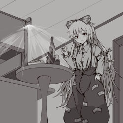  1girl absurdres bow buttons closed_mouth collared_shirt cup door drink food fujiwara_no_mokou galm_x_lmr_(ryonasa) grey_theme hair_bow hand_in_pocket highres holding holding_cup indoors long_hair long_sleeves monochrome multiple_hair_bows object_request puffy_pants red_eyes shirt sleeve_garter solo spot_color sprinkler standing suspender_pants table textless_version touhou very_long_hair 